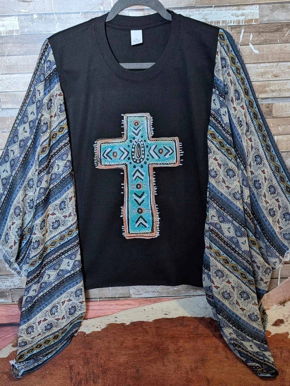 New Handcrafted Boho Southwestern Cross Black Graphic W Boho Bat Winged Sleeves